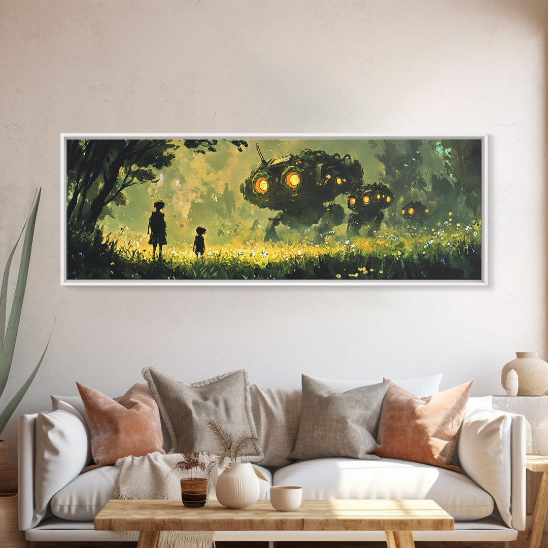 Children In Glowing Meadow Watching Flying Robots Wall Art, Sci Fi Fantasy Canvas Print, Whimsical Futuristic Home Decor