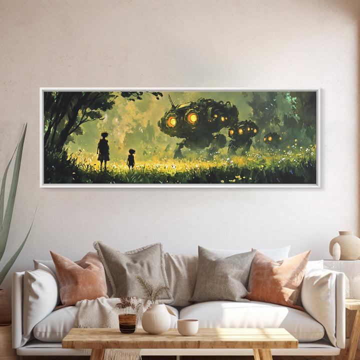 Children In Glowing Meadow Watching Flying Robots Wall Art, Sci Fi Fantasy Canvas Print, Whimsical Futuristic Home Decor