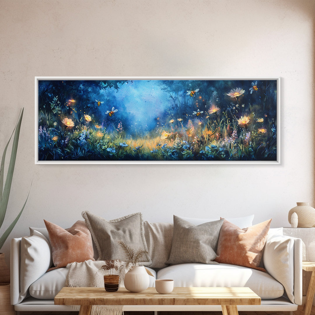 Glowing Firefly Wildflower Night Meadow Canvas Print, Whimsical Wall Art, Moody Botanical Art, Dark Blue Wall Decor, Bedroom Decor