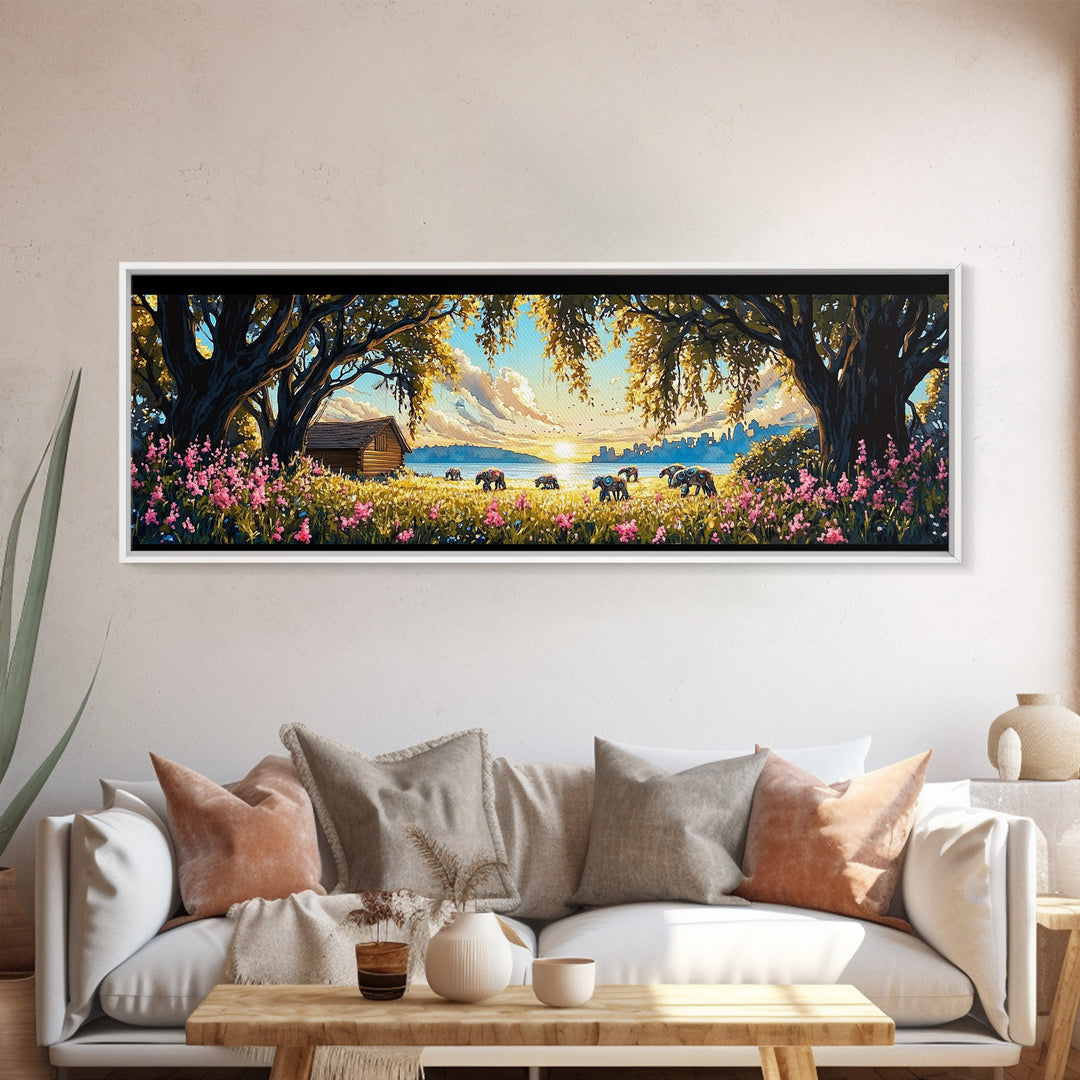 Rustic Lakeside Cabin Horse Meadow Framed Canvas Print, Country Wall Art, Farmhouse Decor, Landscape Wall Decor, Lake House Decor