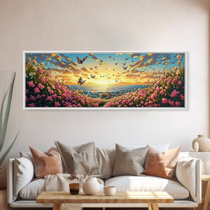 Butterfly Ocean Sunset Pink Flower Canvas Print, Coastal Wall Art, Romantic Bedroom Art, Beach House Decor, Gift For Her