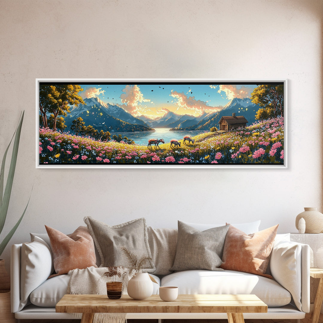 Alpine Lake With Horses And Flower Meadow Wall Art, Mountain Landscape Canvas Print, Rustic Cabin Decor, Living Room Art