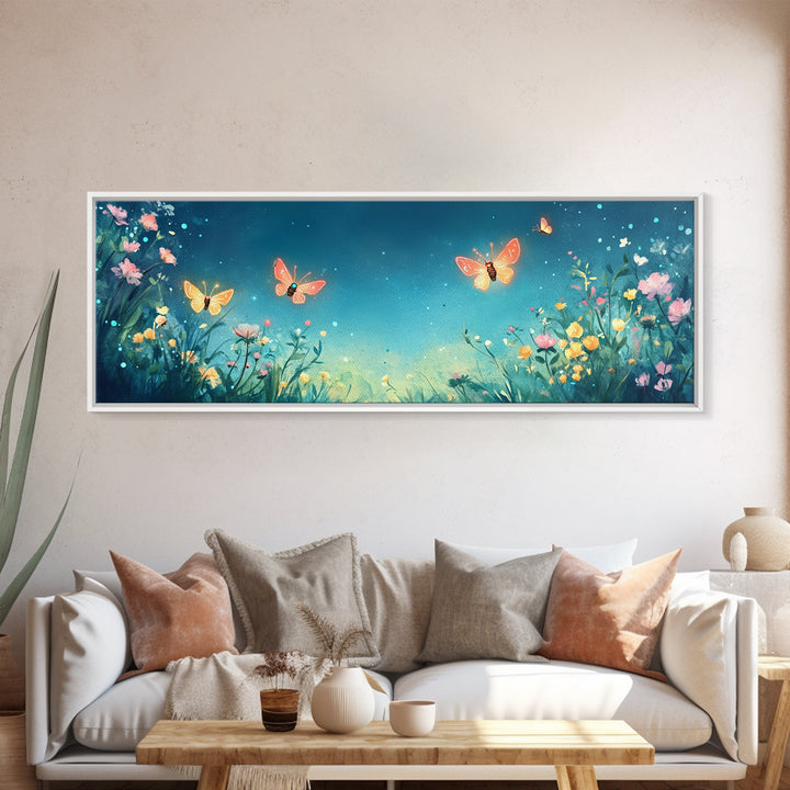 Butterflies Over Teal Wildflower Garden Wall Art, Whimsical Floral Canvas Print, Nursery Decor, Bedroom Wall Decor Gift