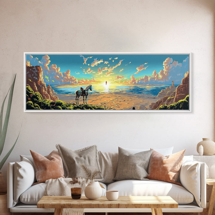 Lone Horse On Sunset Beach Wall Art, Coastal Landscape Canvas Print, Western Seascape Decor, Above Bed Wall Decor Gift Idea