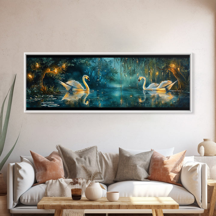 Moonlit Swans On Enchanted Pond Wall Art, Dark Botanical Framed Canvas Print, Romantic Bedroom Decor, Nature Wall Art Gift