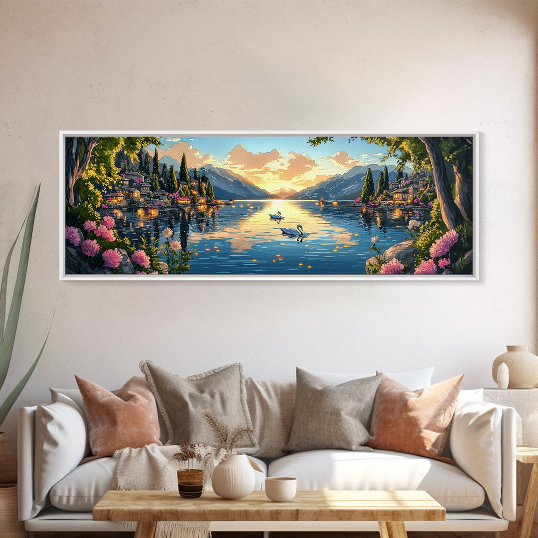 Italian Lake Sunset With Swans Framed Canvas Print, Romantic Coastal Wall Art, Mediterranean Decor, Large Living Room Art