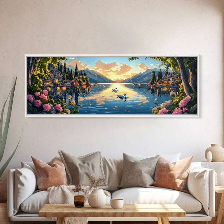 Italian Lake Sunset With Swans Framed Canvas Print, Romantic Coastal Wall Art, Mediterranean Decor, Large Living Room Art