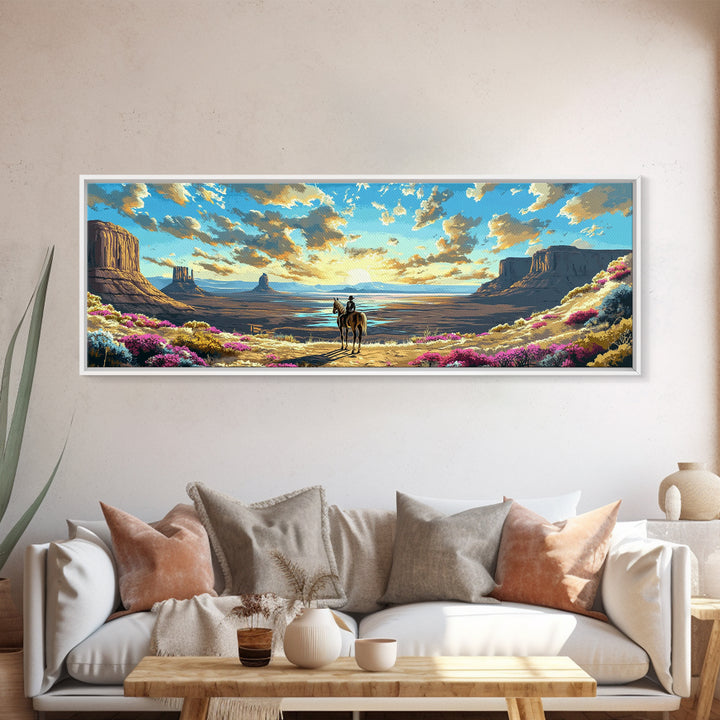 Western Desert Cowboy On Horse Framed Canvas Print, Monument Valley Wall Art, Southwestern Decor, Rustic Landscape Gift For Him