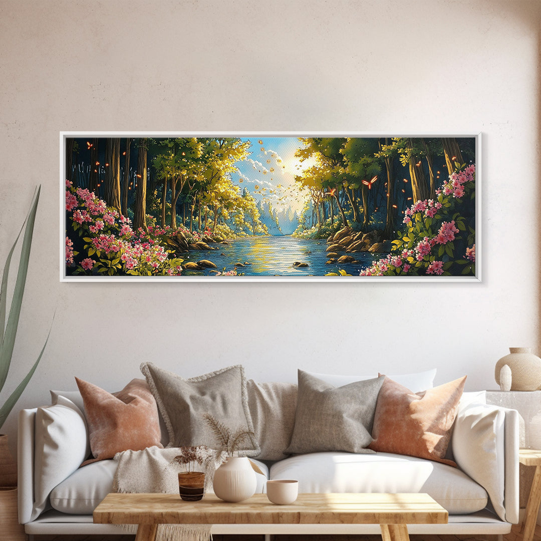 Enchanted Forest River With Flowers Canvas Print, Whimsical Wall Art, Nature Landscape Home Decor, Butterfly Gift For Her