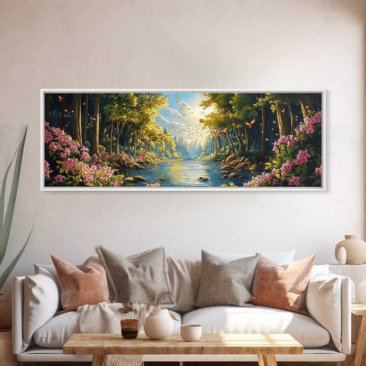 Enchanted Forest River With Flowers Canvas Print, Whimsical Wall Art, Nature Landscape Home Decor, Butterfly Gift For Her
