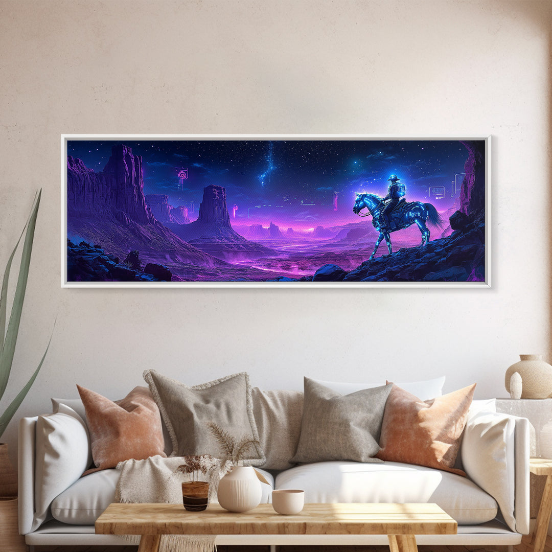 Neon Cyberpunk Cowboy In Desert Framed Canvas Print, Sci Fi Wall Art, Futuristic Western Decor, Gaming Room Gift For Him