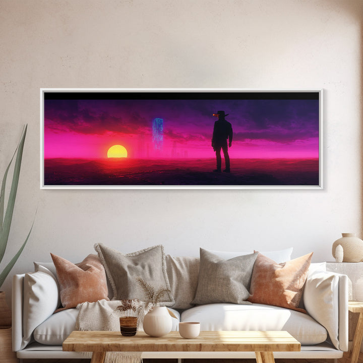 Neon Cowboy At Magenta Sunset Canvas Print, Cyberpunk Western Landscape, Futuristic Wall Decor, Gaming Room Art Gift For Him