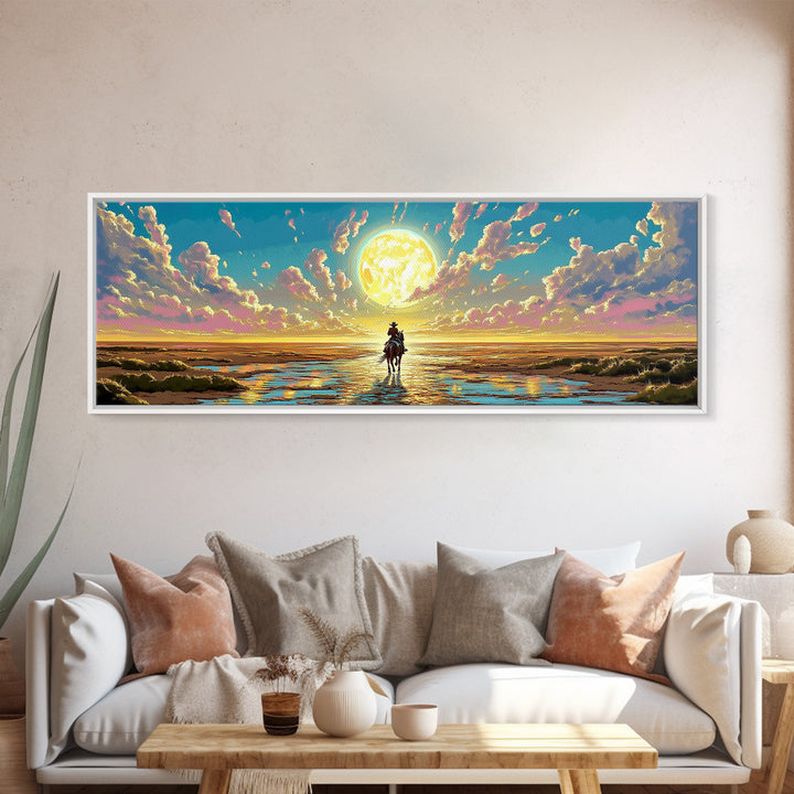 Solitary Rider Beneath Golden Moon Wall Art, Panoramic Western Landscape Print, Celestial Desert Decor, Above Bed Art Gift
