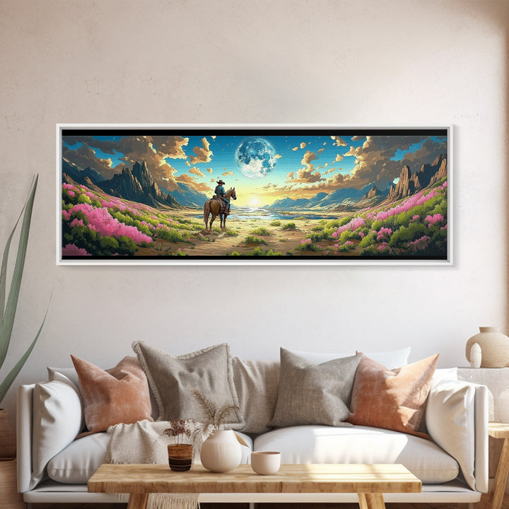 Cowboy On Horse In Moonlit Flower Valley Framed Canvas Print, Western Mountain Landscape, Pink Floral Wall Decor Gift For Her