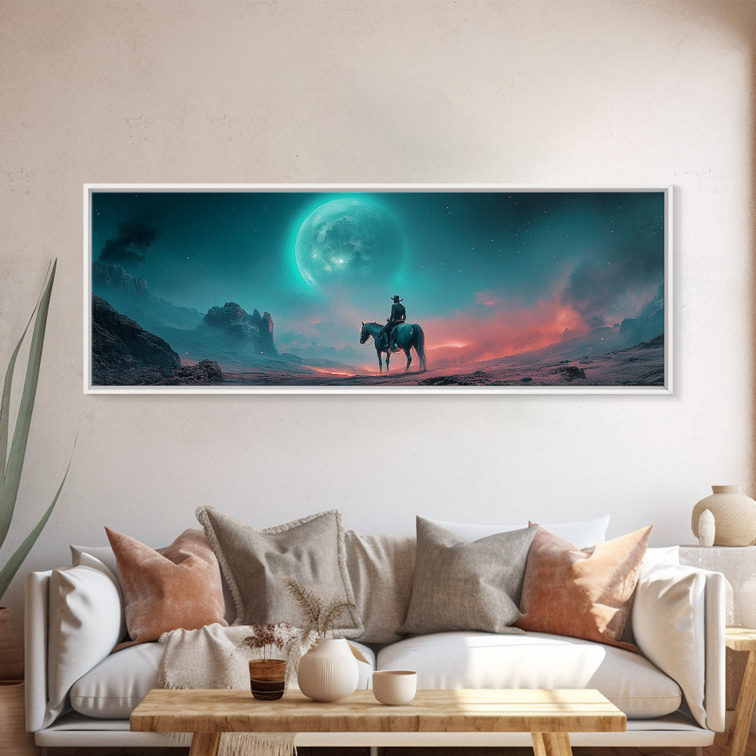 Moonlit Lone Rider In Teal Desert Wall Art, Fantasy Western Landscape Print, Moody Celestial Decor, Horse Lover Gift For Him