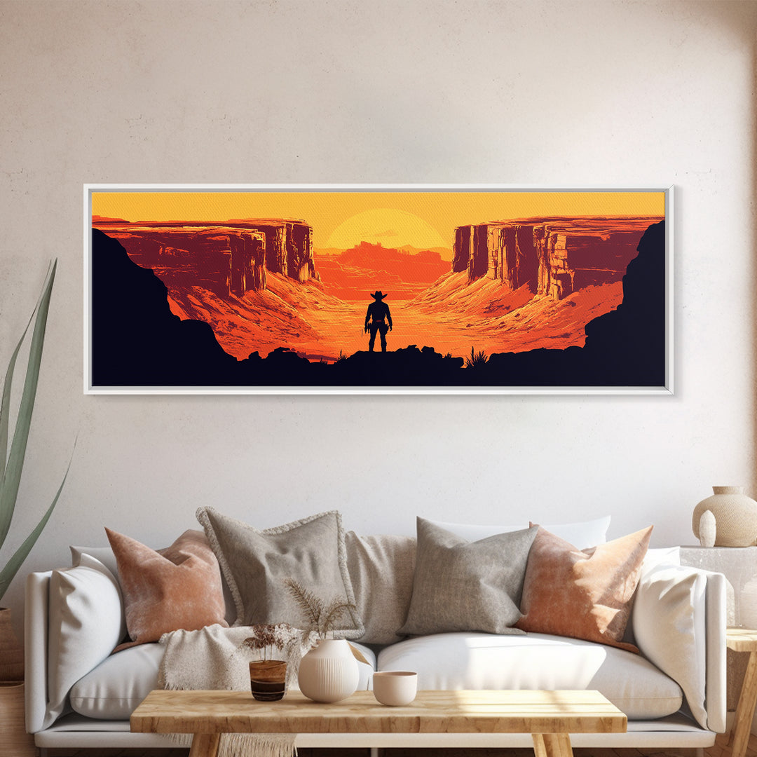Cowboy Silhouette In Orange Desert Canyon Canvas Print, Retro Western Landscape, Southwestern Wall Decor, Man Cave Art Gift