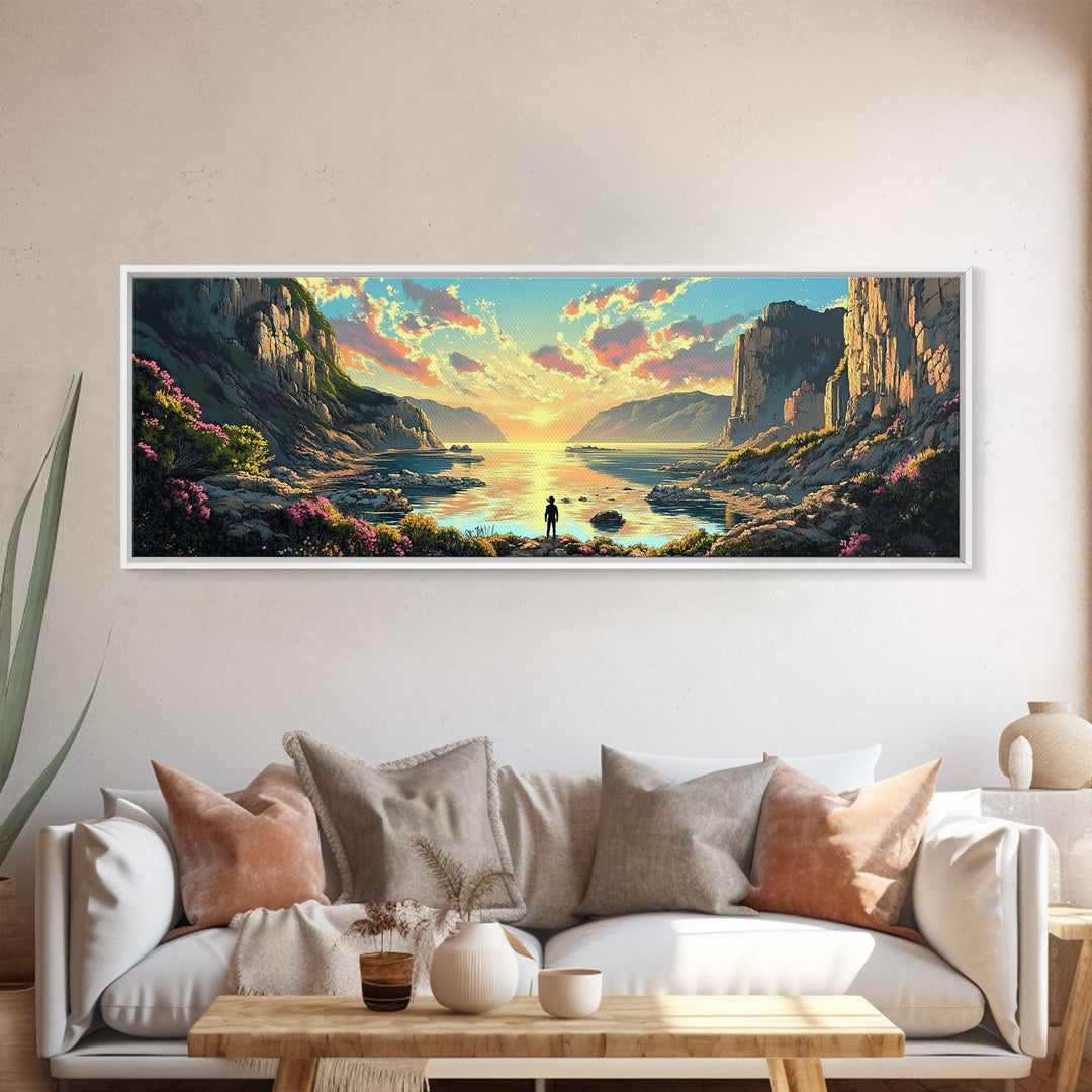 Lone Traveler At Golden Coastal Cliffs Framed Canvas Print, Serene Ocean Landscape, Panoramic Wall Decor For Living Room