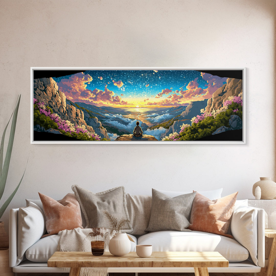 Meditating Figure Over Sunrise Mountain Valley Wall Art, Panoramic Fantasy Landscape Canvas Print For Living Room Decor Gift