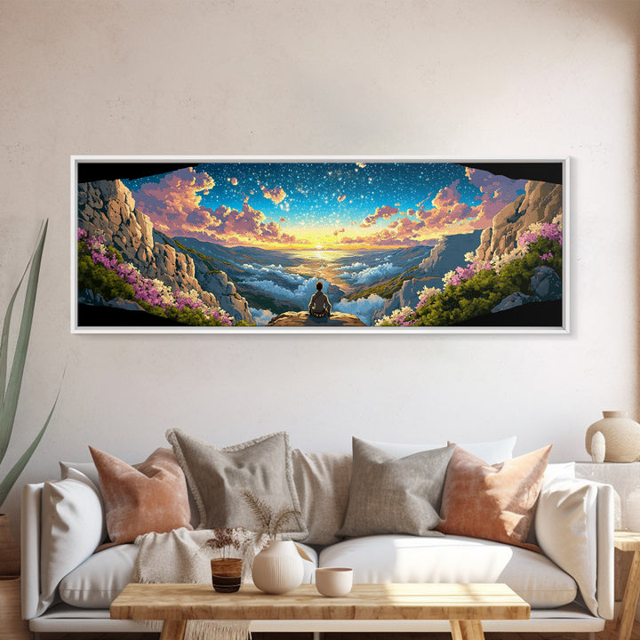 Meditating Figure Over Sunrise Mountain Valley Wall Art, Panoramic Fantasy Landscape Canvas Print For Living Room Decor Gift