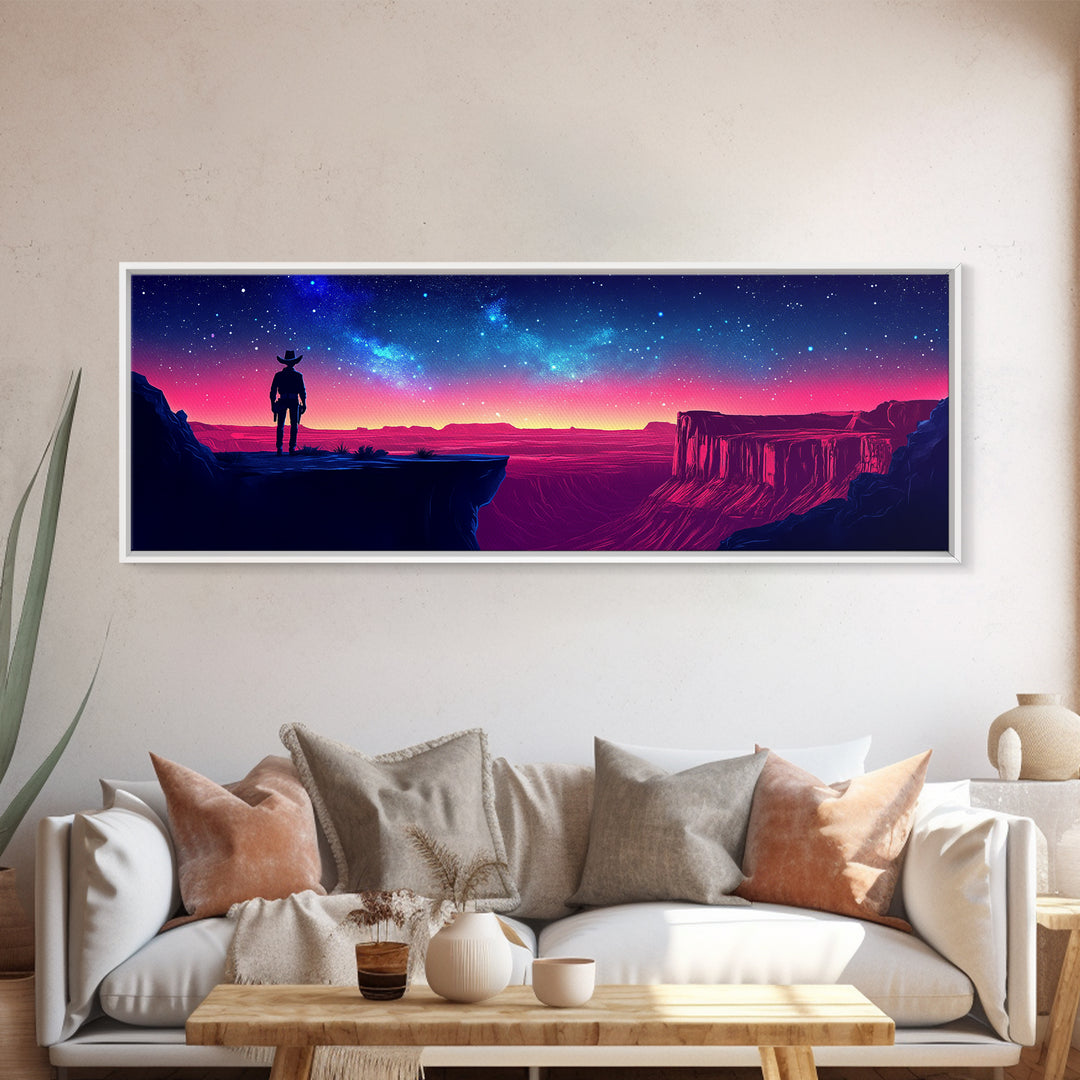 Antlered Traveler On Neon Desert Canyon Wall Art, Starry Night Western Fantasy Canvas Print For Game Room Decor, Housewarming Gift