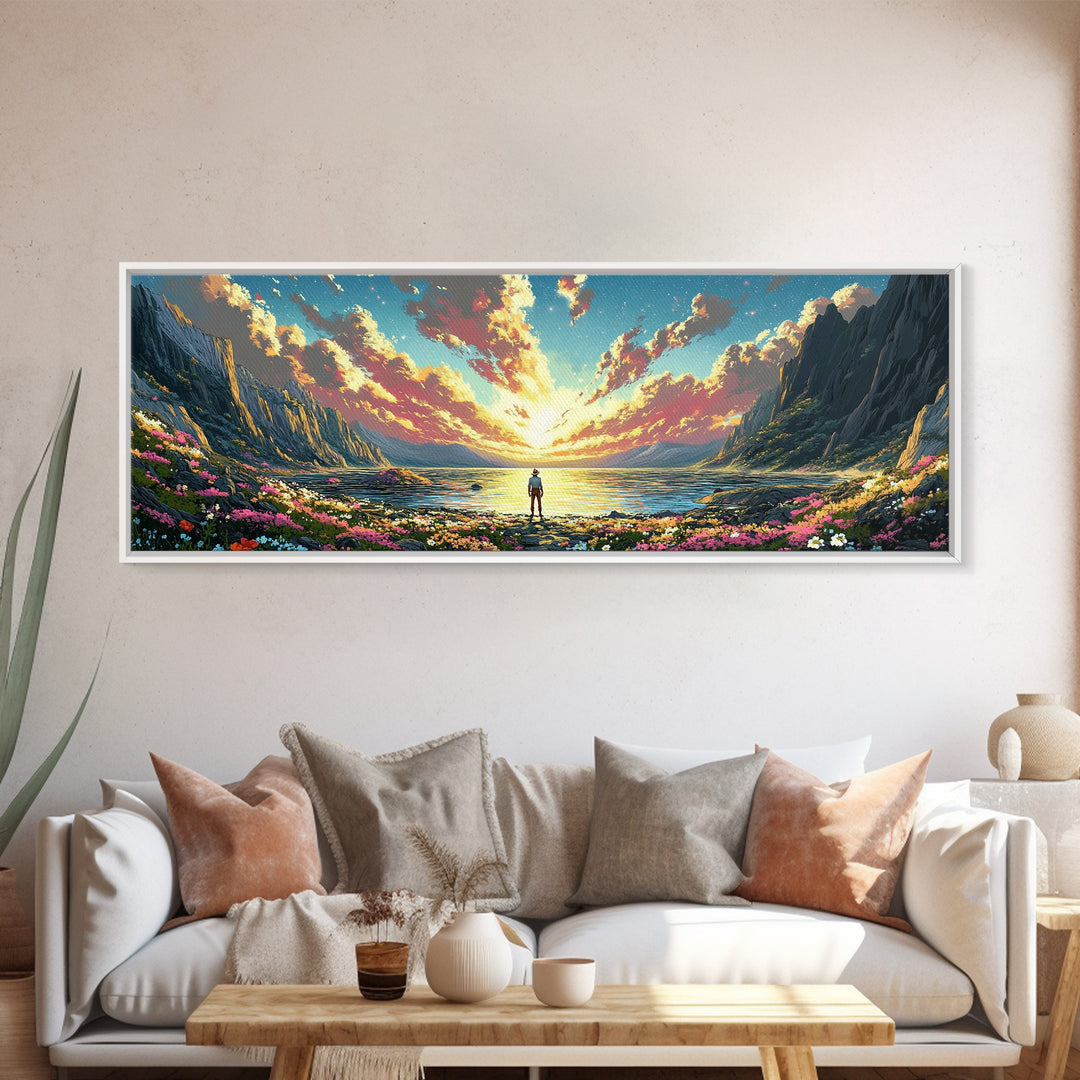 Lone Figure Beside Flowered Alpine Lake Wall Art, Panoramic Mountain Landscape Canvas Print For Bedroom Wall Decor Housewarming Gift