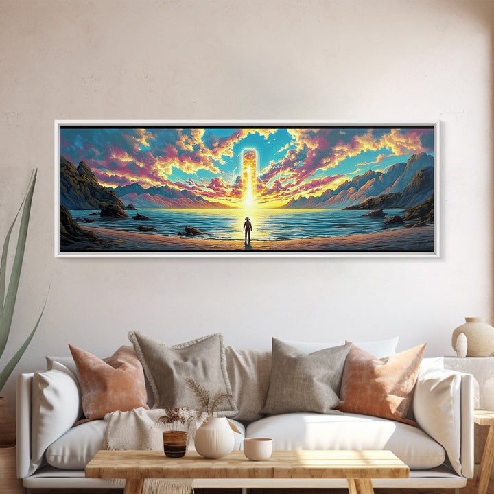 Glowing Portal Over Sunrise Ocean Shore Wall Art, Surreal Mountain Landscape Framed Canvas Print For Modern Living Room Decor