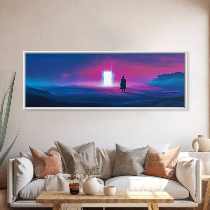Cowboy Silhouette Facing Neon Ocean Portal Wall Art, Cyberpunk Western Landscape Canvas Print For Man Cave Wall Decor Gift