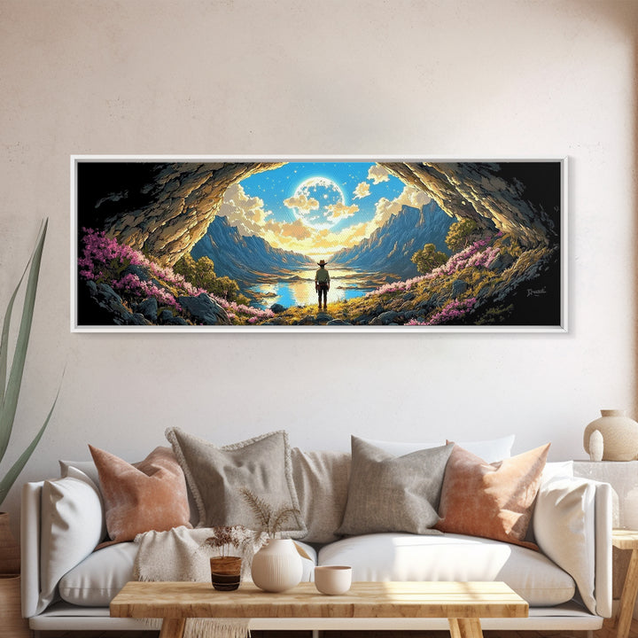 Adventurer In Moonlit Cave Opening Wall Art, Panoramic Alpine Lake Landscape Canvas Print For Fantasy Bedroom Decor Gift
