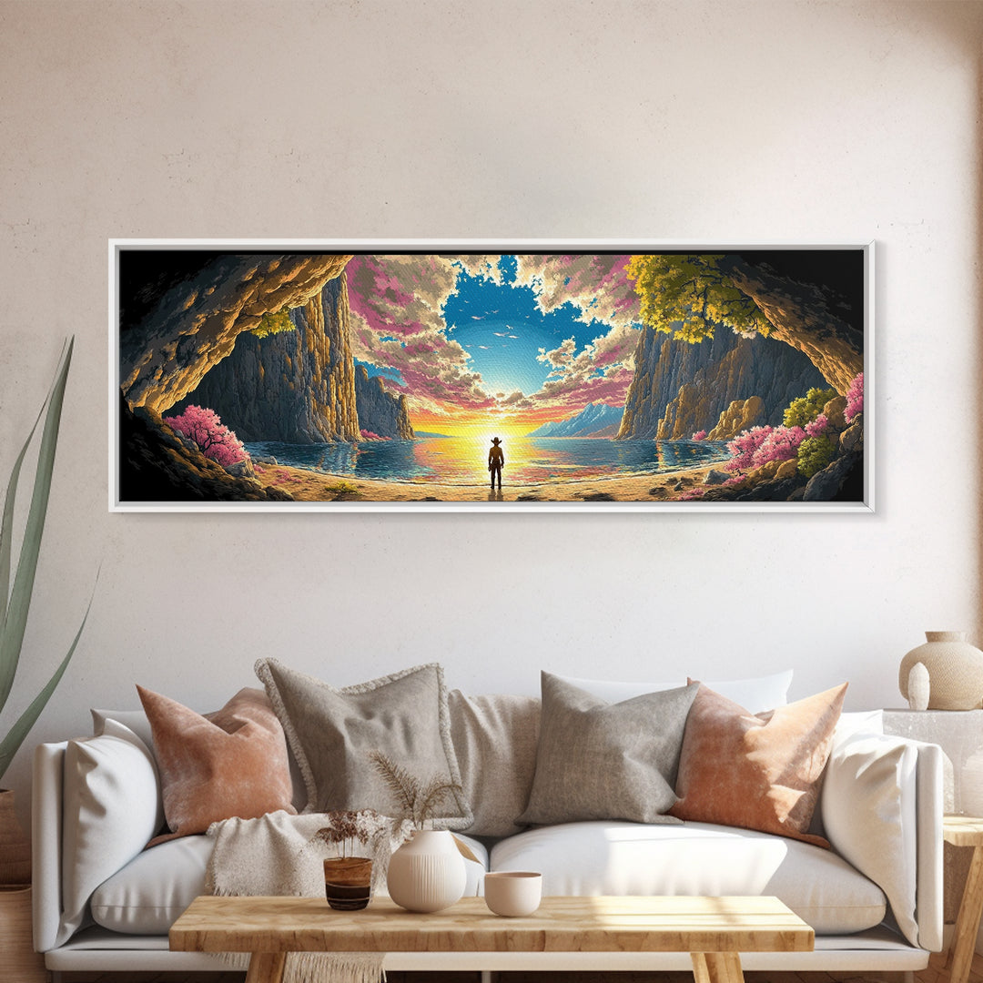 Lone Figure In Sunlit Coastal Cave Wall Art, Dramatic Panoramic Seascape Landscape Canvas Print For Beach House Living Room Decor Gift