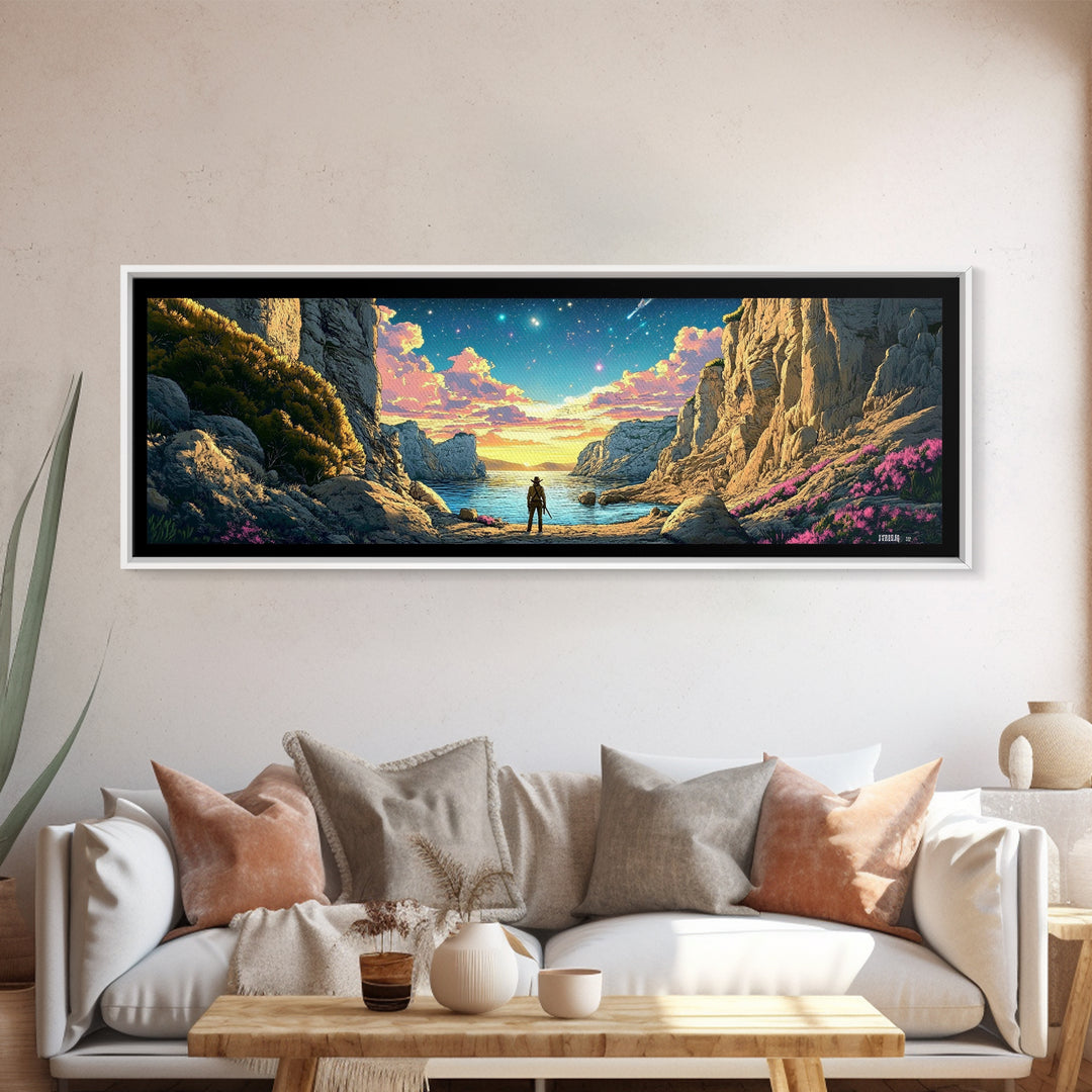 Explorer At Rocky Starlit Sea Cove Large Wall Art, Panoramic Coastal Landscape Canvas Print For Living Room Wall Decor Gift