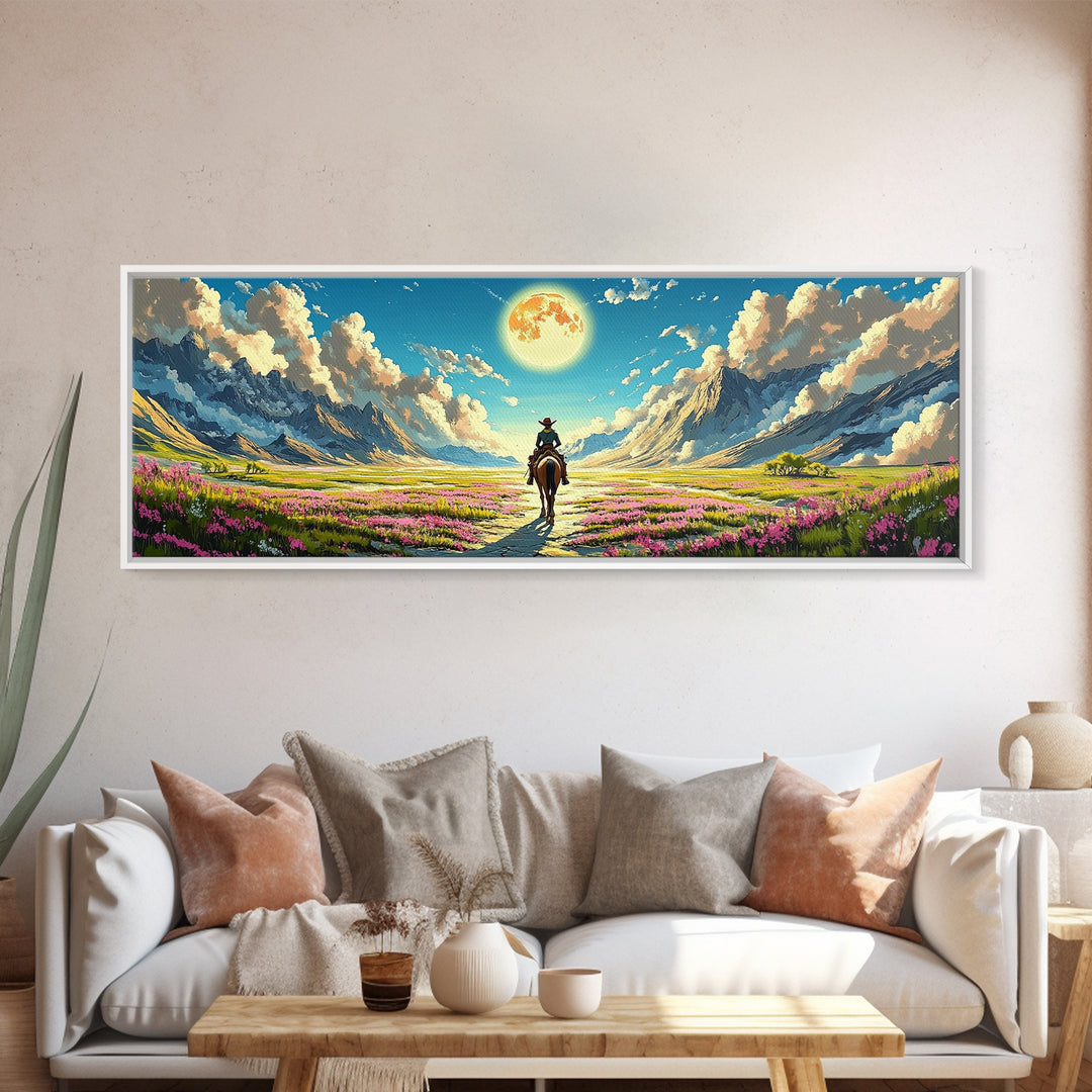 Cowboy Riding Through Moonlit Flower Valley Wall Art, Western Mountain Landscape Framed Canvas Print For Rustic Home Decor Gift