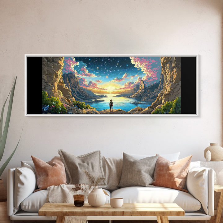 Starry Canyon Lake Cowboy Wall Art, Western Landscape Canvas Print, Sci Fi Desert Decor, Panoramic Living Room Art, Home Decor