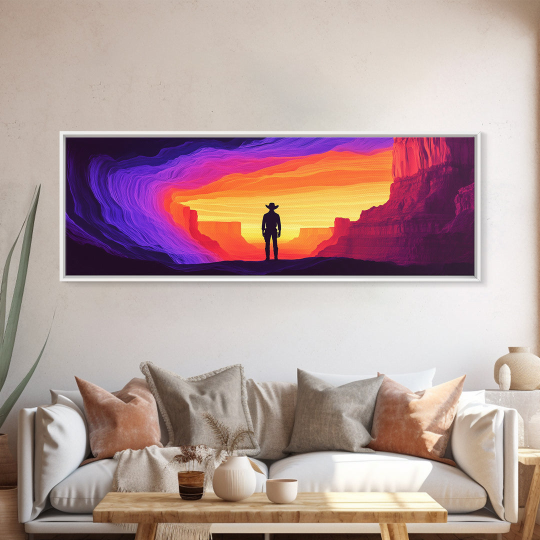 Neon Sunset Cowboy Canyon Wall Art, Western Desert Canvas Print, Vibrant Southwestern Decor, Panoramic Man Cave Art, Home Decor