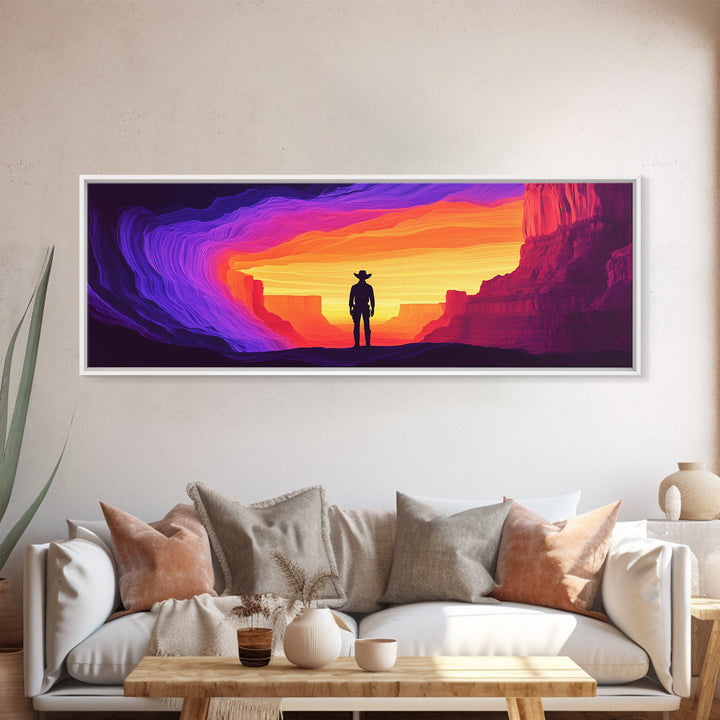 Neon Sunset Cowboy Canyon Wall Art, Western Desert Canvas Print, Vibrant Southwestern Decor, Panoramic Man Cave Art, Home Decor