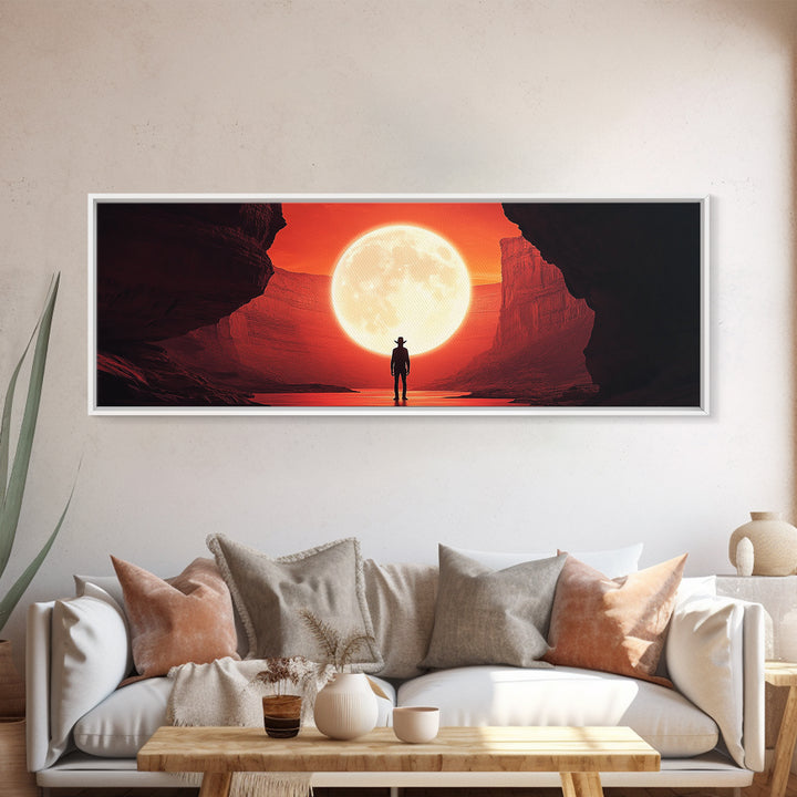 Full Moon Cowboy Cave Wall Art, Red Desert Framed Canvas Print, Western Sci Fi Decor, Panoramic Bedroom Wall Decor, Home Decor