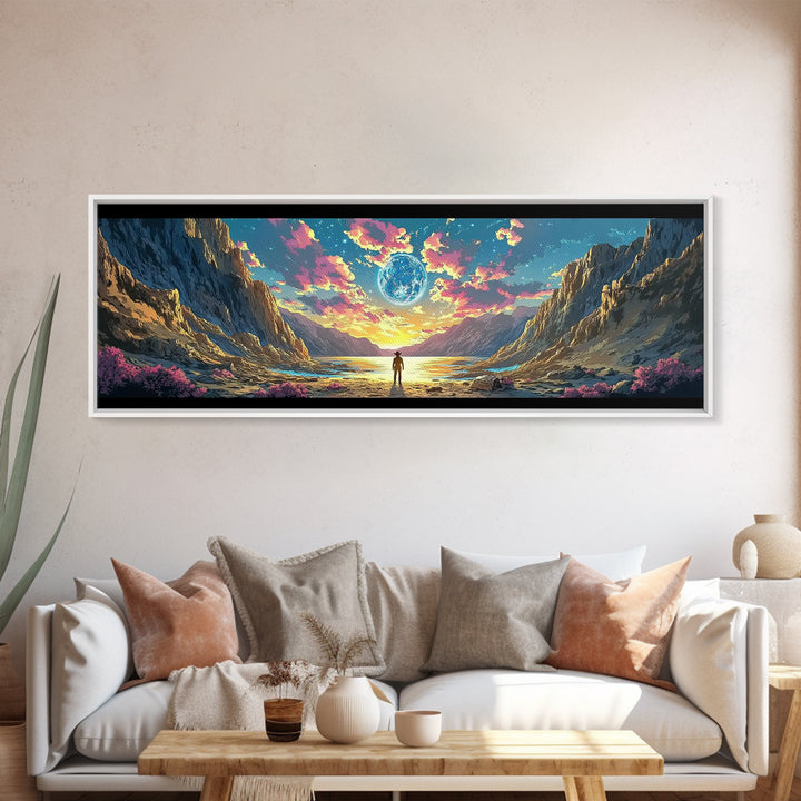 Alien Moon Mountain Valley Wall Art, Fantasy Landscape Canvas Print, Celestial Sci Fi Decor, Panoramic Living Room Art, Home Decor