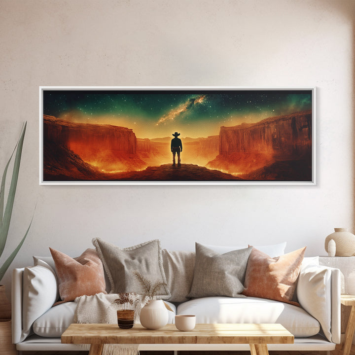 Milky Way Canyon Cowboy Wall Art, Western Desert Canvas Print, Sci Fi Night Sky Decor, Panoramic Office Decor Living Room Art