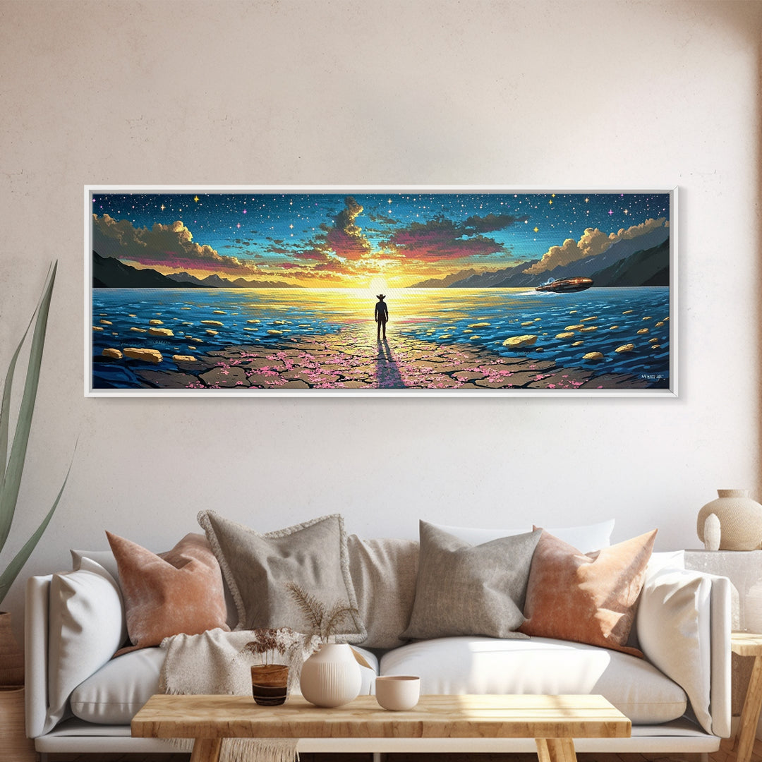 Starry Ocean Horizon Cowboy Wall Art, Coastal Sci Fi Canvas Print, Blue Seascape Decor, Panoramic Fantasy Landscape Art, Home Decor