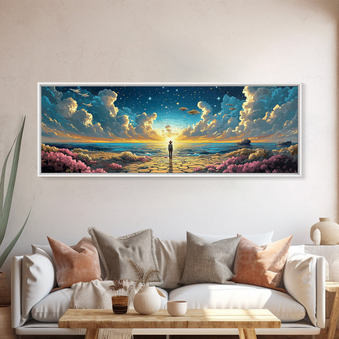 Ufo Seaside Sunrise Cowboy Wall Art, Coastal Sci Fi Canvas Print, Starry Ocean Decor, Panoramic Fantasy Living Room Art, Home Decor