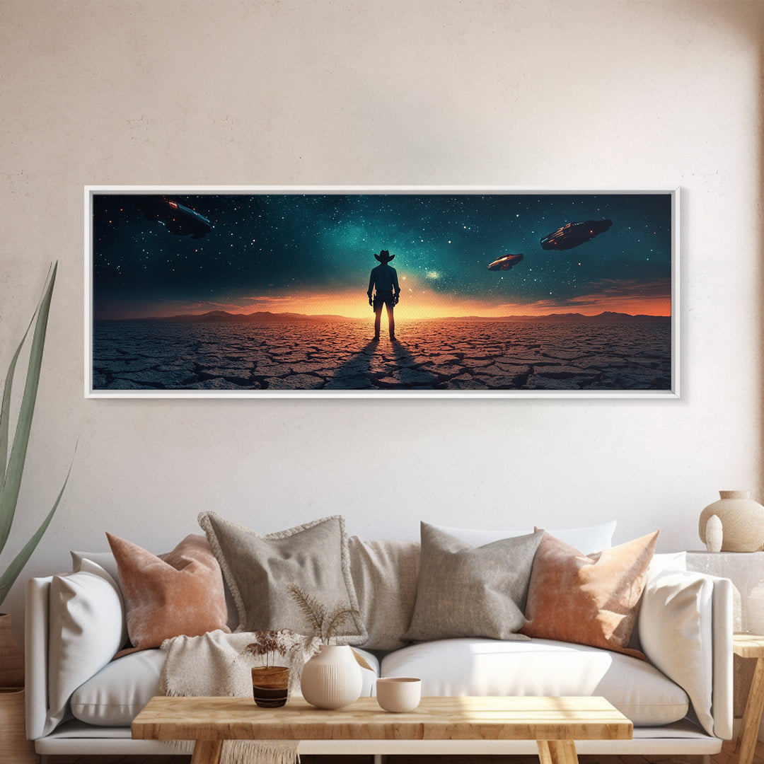 Ufo Desert Wanderer Cowboy Wall Art, Sci Fi Western Canvas Print, Alien Landscape Decor, Panoramic Man Cave Office Art, Home Decor