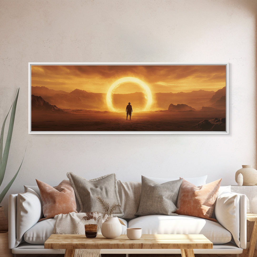 Golden Eclipse Cowboy Desert Wall Art, Western Sci Fi Canvas Print, Surreal Landscape Decor, Panoramic Living Room Art, Home Decor