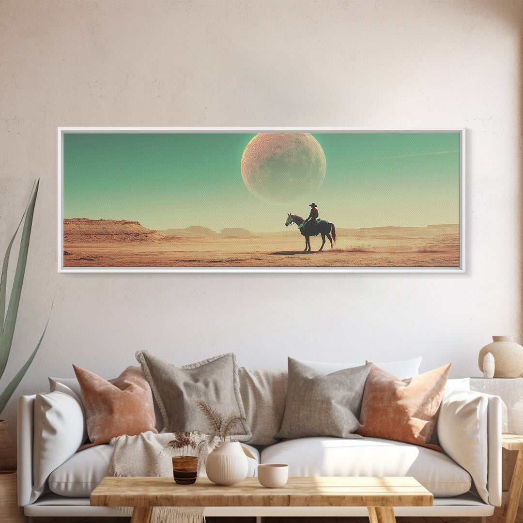 Lone Cowboy Under Giant Moon Wall Art, Western Desert Landscape Canvas, Panoramic Southwestern Decor, Living Room Decor, Gift For Him