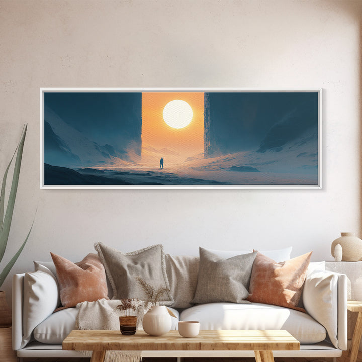 Solitary Figure Before Giant Sun Canvas Print, Futuristic Icy Landscape Wall Decor, Sci Fi Minimalist Art, Modern Office Decor