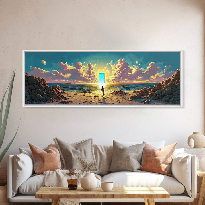 Glowing Doorway On Rocky Beach Wall Art, Surreal Ocean Sunset Canvas, Coastal Fantasy Decor, Mystical Living Room Art Print