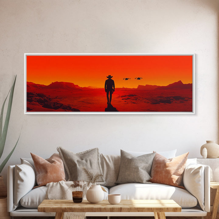Cowboy Silhouette In Red Desert Sunset Wall Art, Western Sci Fi Landscape Canvas, Bold Southwestern Decor For Man Cave Wall Decor