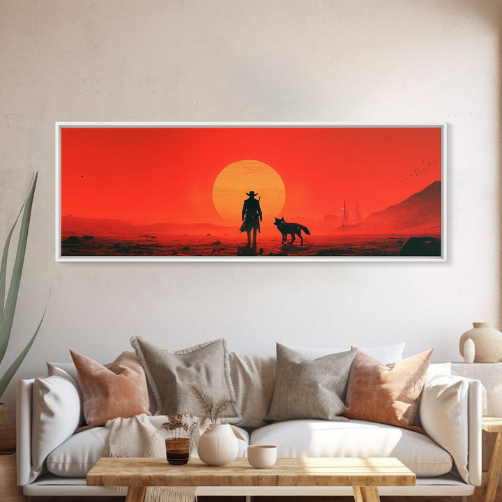 Red Sci Fi Cowboy And Dog Sunset Wall Art, Western Desert Landscape, Futuristic Dystopian Decor, Large Man Cave Gift Print
