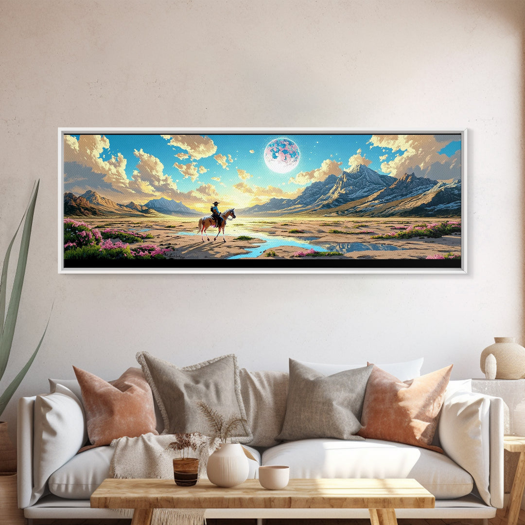 Lone Horse Rider Under Moon Canvas Print, Mountain Landscape Art, Western Wall Decor, Large Living Room Home Decor Gift Print