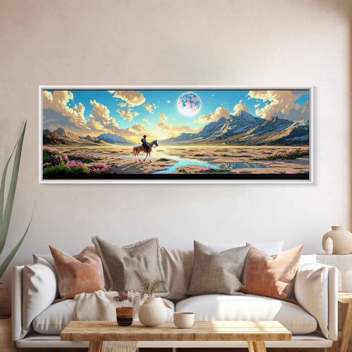 Lone Horse Rider Under Moon Canvas Print, Mountain Landscape Art, Western Wall Decor, Large Living Room Home Decor Gift Print