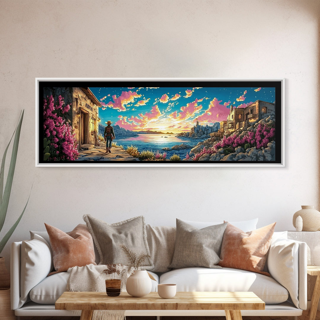 Cowboy Walking Through Coastal Village Wall Art, Mediterranean Seascape Print, Colorful Travel Poster, Living Room Decor