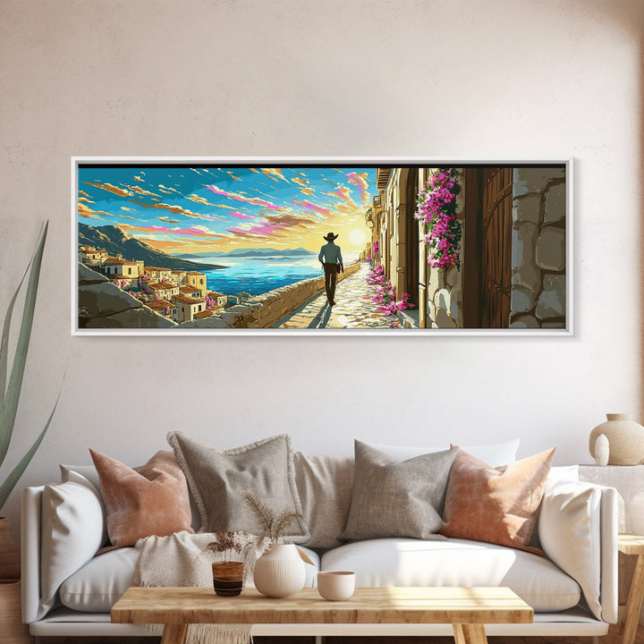 Sunlit Mediterranean Terrace Canvas Print, Coastal Village Wall Art, Italy Travel Poster, Beach House Living Room Decor Gift